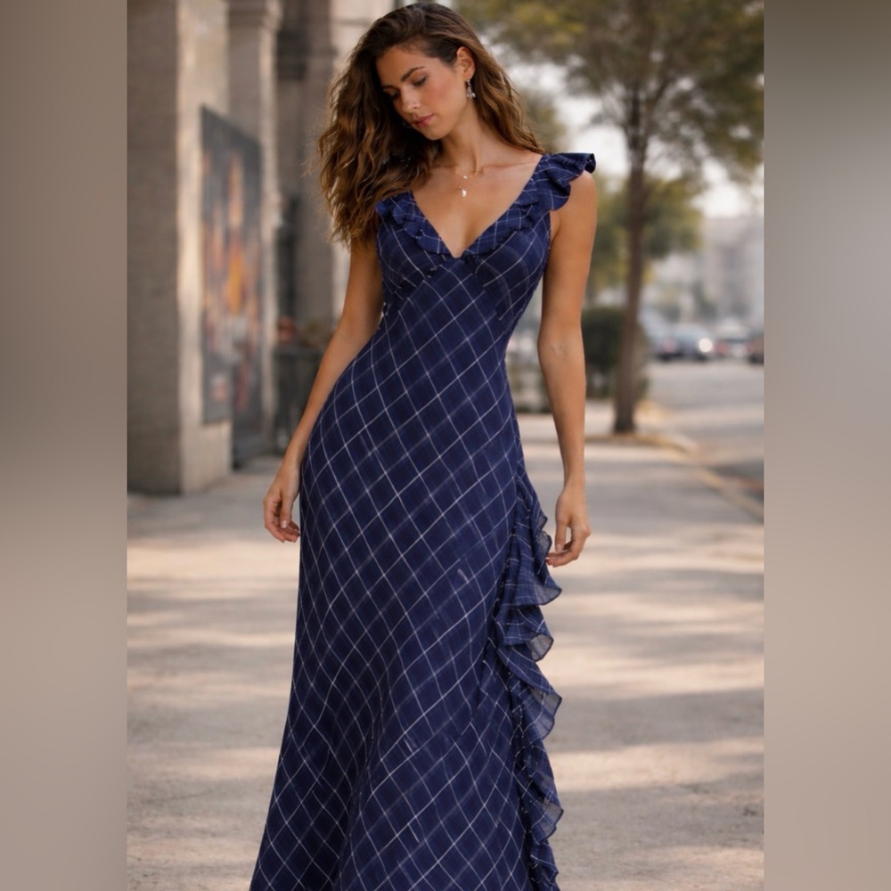 NWOT Leon Max Navy Plaid Maxi Dress – Elegant Open Back Statement Piece - Size 8